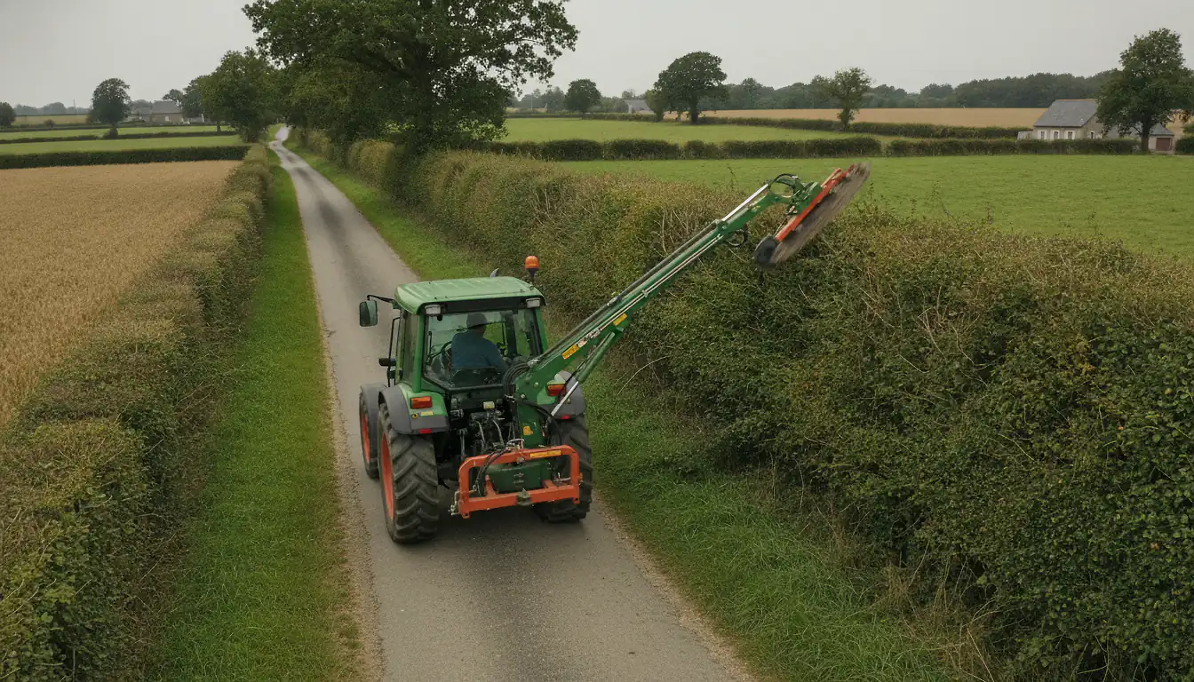 Tracteur équipé d'un bras articulé taillant le sommet d'une haie bocagère le long d'un chemin rural