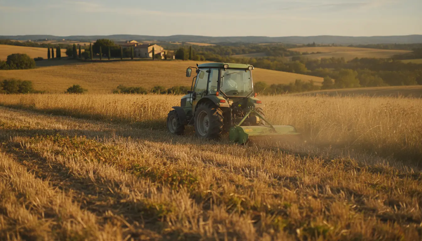 Tracteur paysager compact équipé d'un gyrobroyeur arrière débroussaillant des herbes hautes en bordure de champ