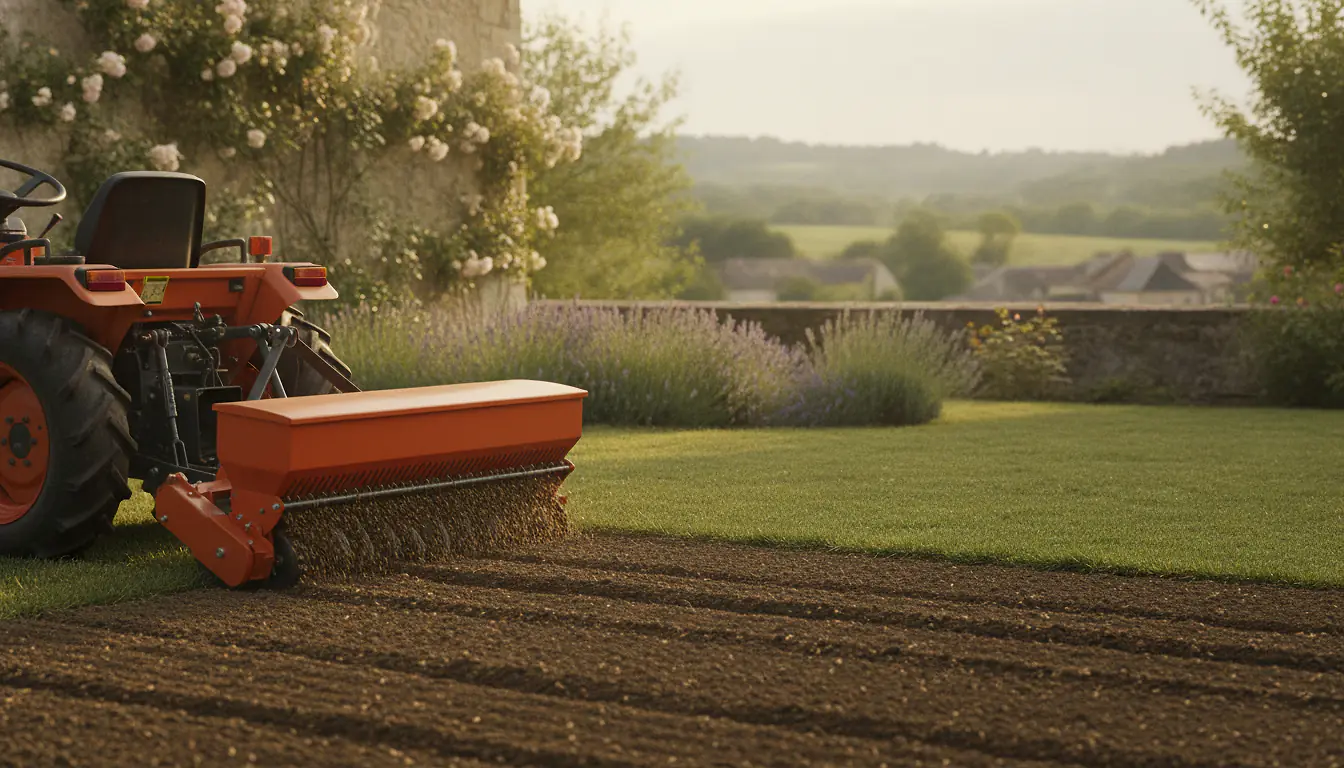 Micro tracteur compact équipé d'une engazonneuse portée 3 points semant du gazon sur un sol préparé