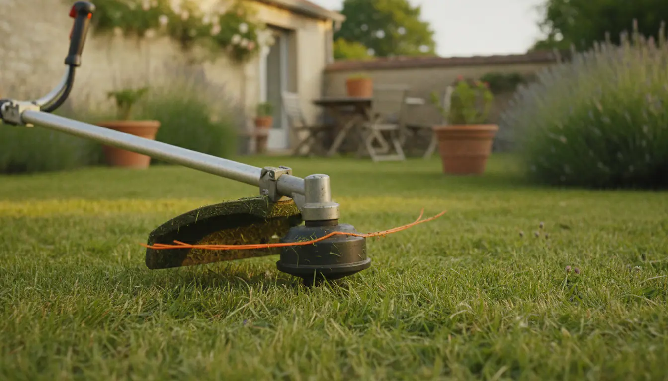 Tête de débroussailleuse à fil nylon orange posée sur l'herbe fraîchement coupée en bordure de jardin